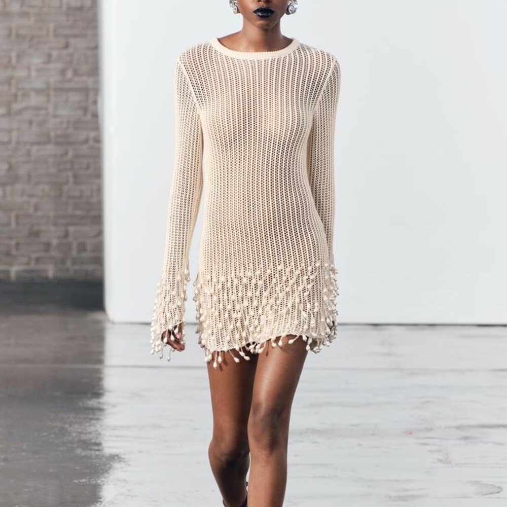 Zara Knit dress with pearl fringe. Limited Edition. New with tags attached.